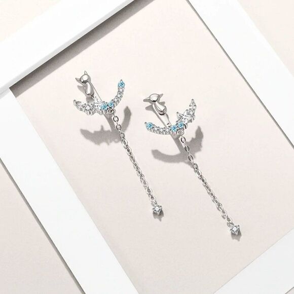 Sterling Silver Cute Cat Crystal Dangle Earrings - Picture 4 of 6